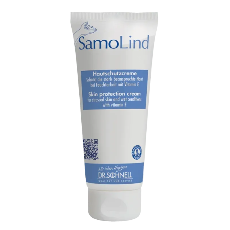 Eine weiße Tube Dr. Schnell SAMOLIND Hautschutz der DR.SCHNELL GmbH & Co. KGaA mit blauen Akzenten und deutsch/englischem Text. Die Creme schützt beanspruchte Haut bei Nässe und enthält Vitamin E.