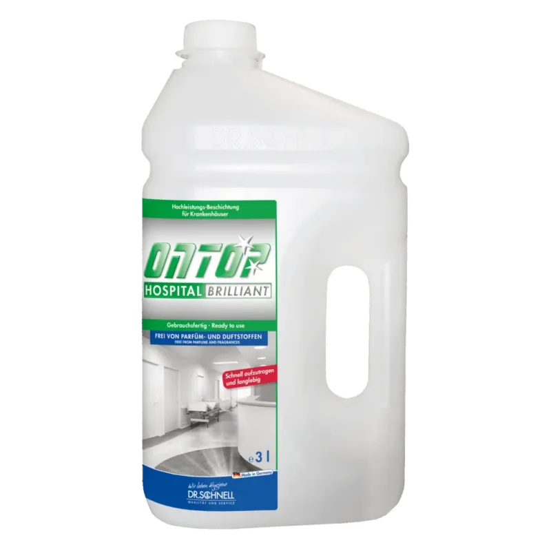 Eine 3-Liter-Flasche DR.SCHNELL ONTOP HOSPITAL BRILLIANT Hochleistungsbeschichtung für Böden, glänzend, von DR.SCHNELL GmbH & Co. KGaA; mit Henkel, Schraubverschluss und einem blau-grünen Etikett mit Produktangaben und Krankenhausflurbild.