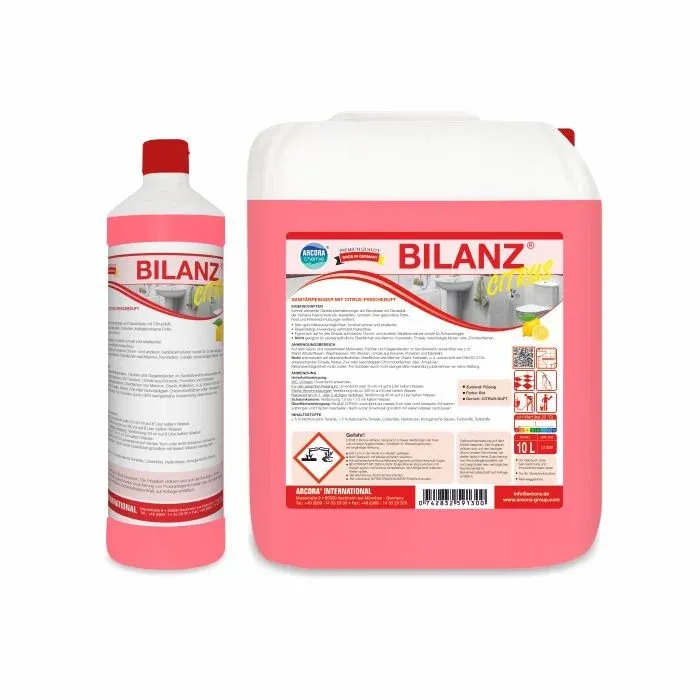 Zwei Gebinde Arcora BILANZ CITRUS SANITÄRREINIGER MIT CITRUS-FRISCHEDUFT der Arcora International GmbH, mit rotem und weißem Etikett, sorgen für eine kraftvolle Reinigung und einen frischen Zitrusduft für Ihr Zuhause.
