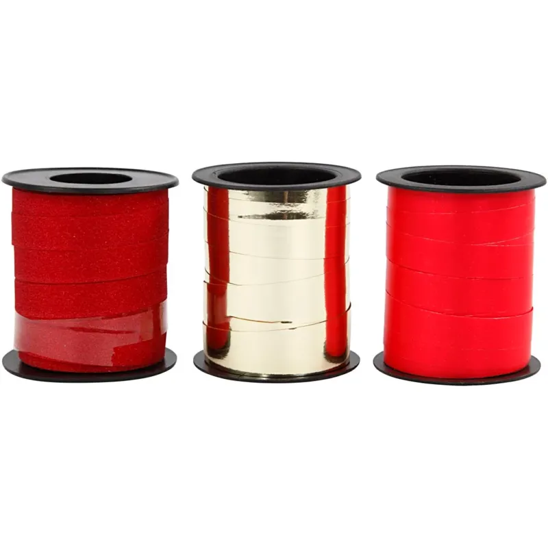 Curling Ribbon, W: 10 mm, gold, red, red glitter, 3x15 m