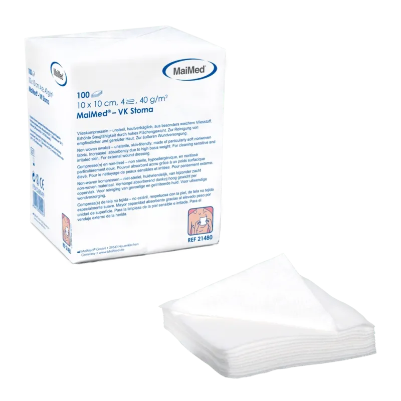 MaiMed-VK-Stoma-unsteril 10x10cm 4-fach, 40g Vlieskompressen zu 100 St./Papiertüte | Packung (100 Stück)