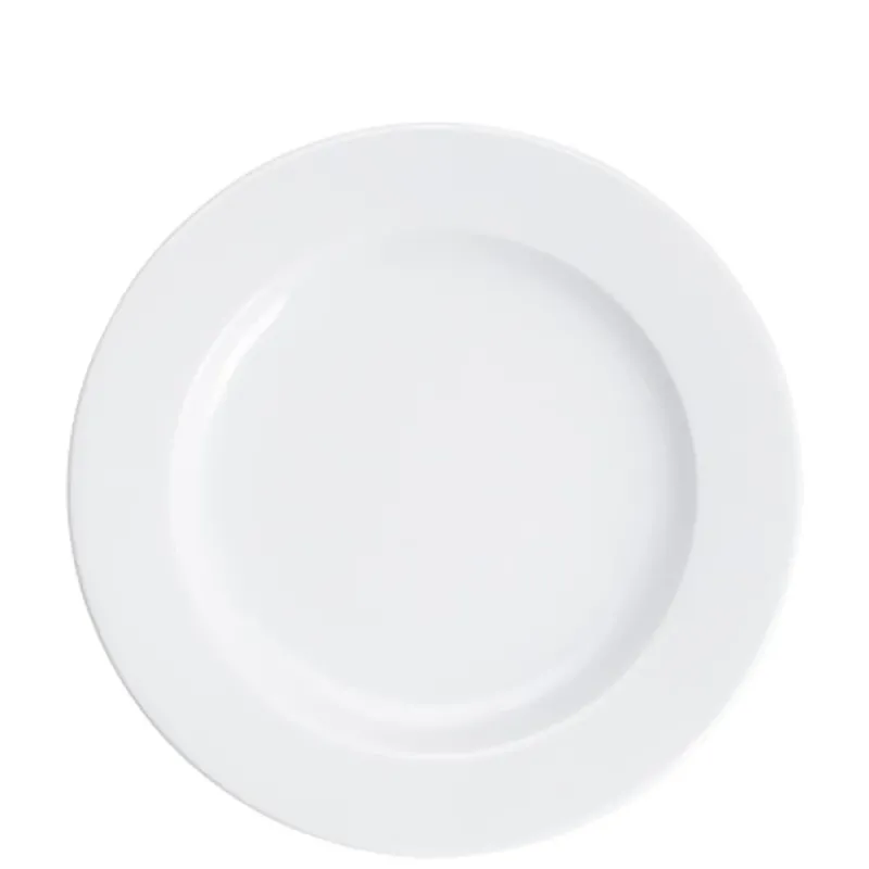 Ein runder, weißer Teller ohne Verzierungen oder Muster, auf einem neutralen Hintergrund. Der Teller hat eine leicht erhöhte Kante und ist für den Einsatz in der Gastronomie oder im Haushalt geeignet.