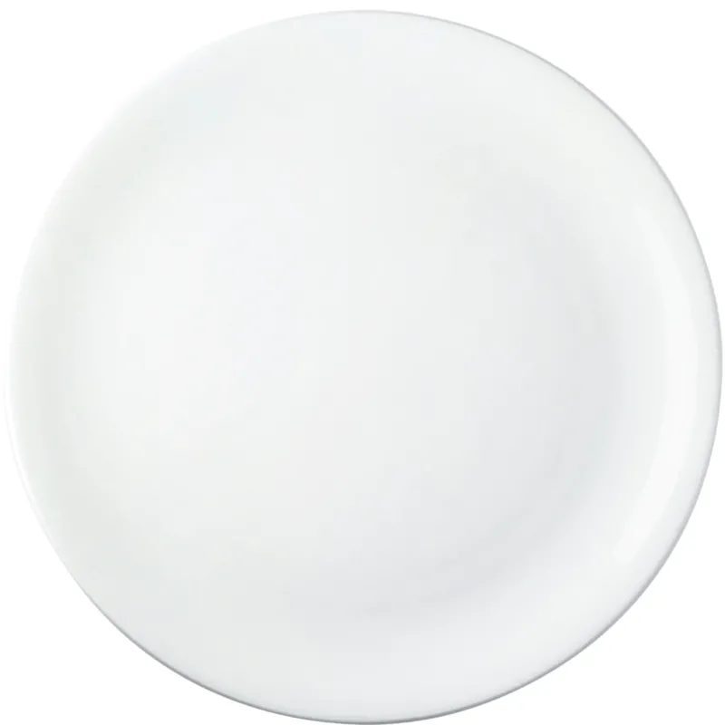 Ein schlichtes, rundes, weißes Geschirr, das auf einem neutralen Hintergrund platziert ist. Die Oberfläche ist glänzend und ohne Dekoration, was einen minimalistischen Stil vermittelt. Der Teller hat eine leichte Erhebung am Rand und eine glatte, einheitliche Textur. Ideal für die Präsentation von Speisen.
