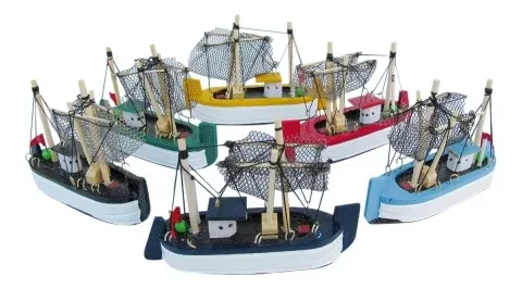Krabbenkutter 6er Set – maritime Holzboote farbig sortiert 10 cm
