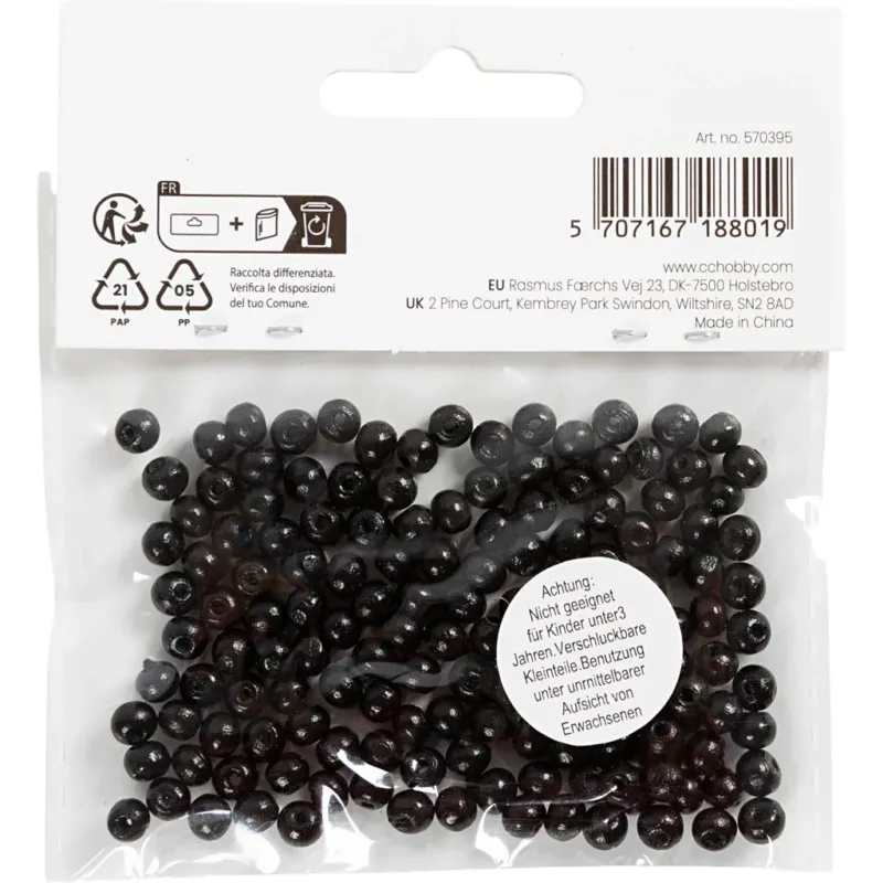 Wooden Beads, dia. 5 mm, hole size 1,5 mm, ca. 150 pc, black, 6 g