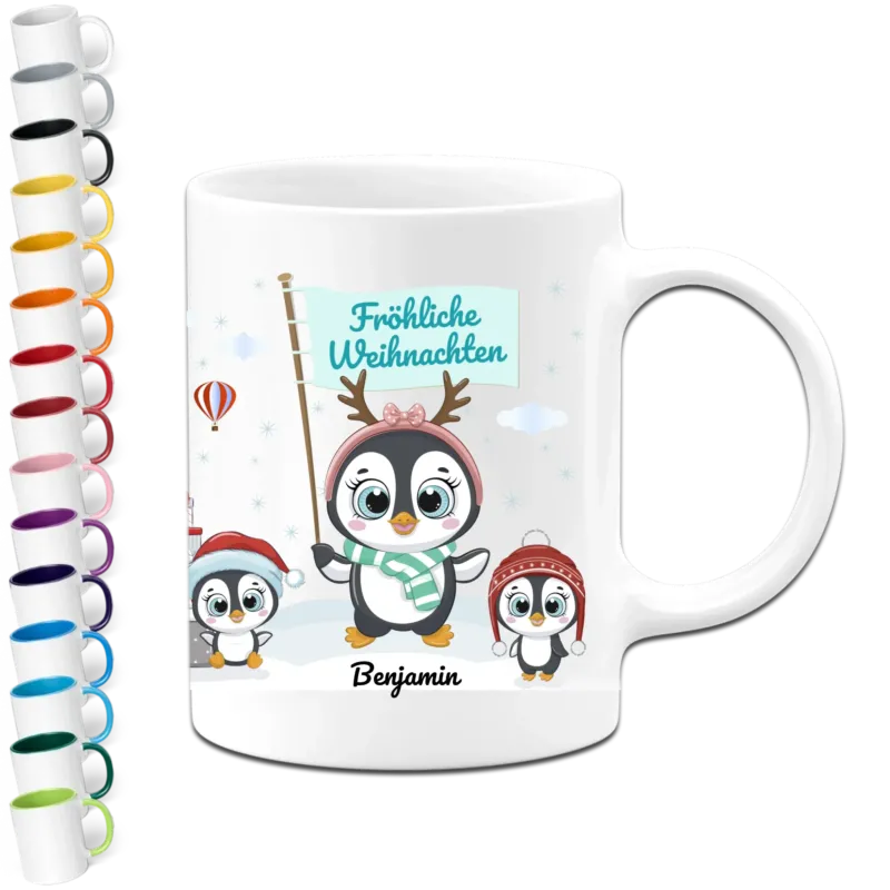 Bild: Personalisierte Weihnachtstasse - Fröhliche Weihnachten - Pinguine Tasse mit Name.