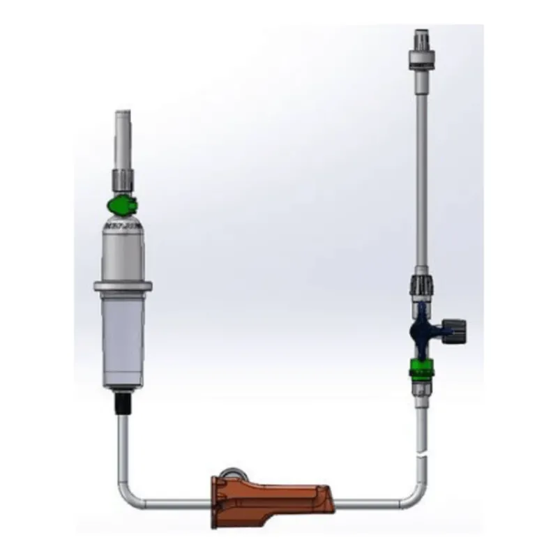 Abbildung eines Sanitärsystems mit verbundenen Rohren und Ventilen. Das System besteht aus einem vertikalen zylindrischen Bauteil mit einem Manometer und einem B.Braun ProSet Intrafix Primeline Infusionsset, 180 cm von B. Braun Deutschland GmbH & Co. KG, das Anschlüsse enthält und an der Basis ein braunes Gehäuse hat.