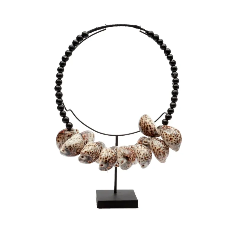 THE TIGER COWRIE NECKLACE BLACK WOOD On Stand FRONT VIEW