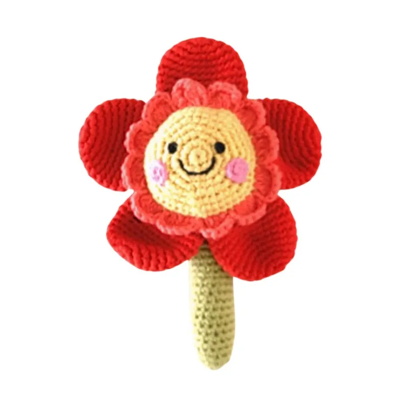 Handgemachte Baby Rassel 'Blume mit Stiel' rot
