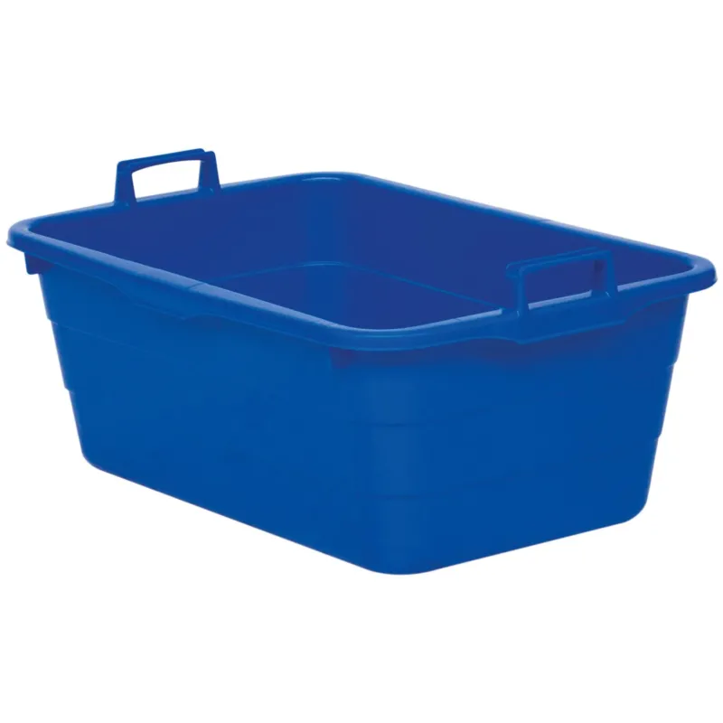 Eine blaue Novocal Kunststoffwanne (90 Liter, 750 x 490 x 310 mm) mit zwei Griffen, einer an jeder kurzen Seite. Die robuste Aufbewahrungsbox ist leer und vor einem weißen Hintergrund abgebildet. Marke: Novocal.