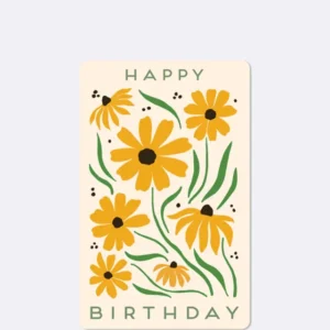 Postkarte mit gelben Blumen und grünen Stängeln mit Schriftzug "HAPPY BIRTHDAY"