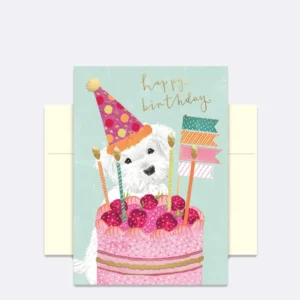Doppelkarte mit Hund und Geburtstagstorte in Rosa mit Schriftzug "happy birthday"