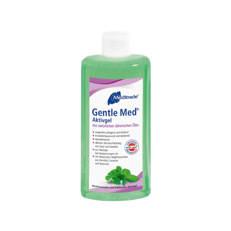 Eine 500 ml Flasche Meditrade Gentle Med® Aktivgel der Meditrade GmbH, die ein kühlendes grünes Gel enthält, das mit natürlichen ätherischen Ölen wie Menthol und Rosmarin angereichert ist. Das deutsche Etikett wird durch einen weißen Klappverschluss ergänzt.