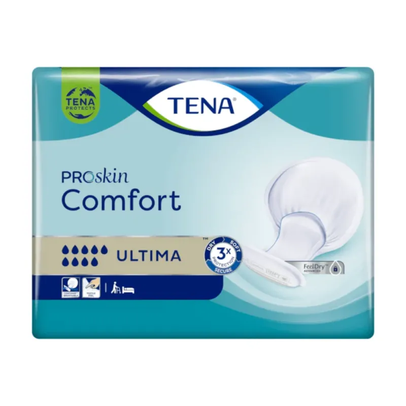 Die Verpackung der TENA Comfort Ultima Inkontinenzvorlage von Essity Deutschland GmbH wird gezeigt. Sie zeigt das TENA-Logo, drei Saugtropfen, die die maximale Saugstärke anzeigen, und ein Bild des Produkts. Die Verpackung hebt Merkmale wie die FeelDry-Technologie und hautfreundliche Eigenschaften hervor.