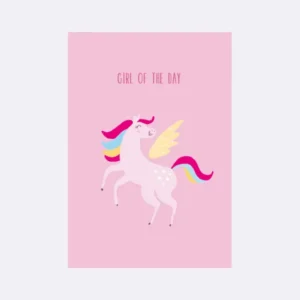 Postkarte in Rosa mit einem Einhorn und Schriftzug "GIRL OF THE DAY"