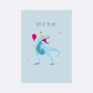 Postkarte mit blauem Dinosaurier und rosa Ballon mit Schriftzug "BOY OF THE DAY"