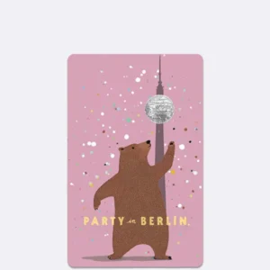 Mini Postkarte mit Partybär vor Fernsehturm auf rosa Hintergrund mit Schriftzug "PARTY in BERLIN"