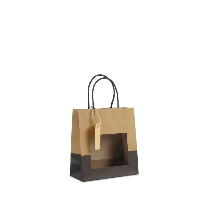 Gift bags with window and tag 18+8x19cm kraft/black (100 pcs)