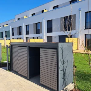 PREMIUM Holz 4er Mülltonnenbox mit Schiebetüren 240 Liter RAL 7016 Lärche - Vergrauungslasur Silber